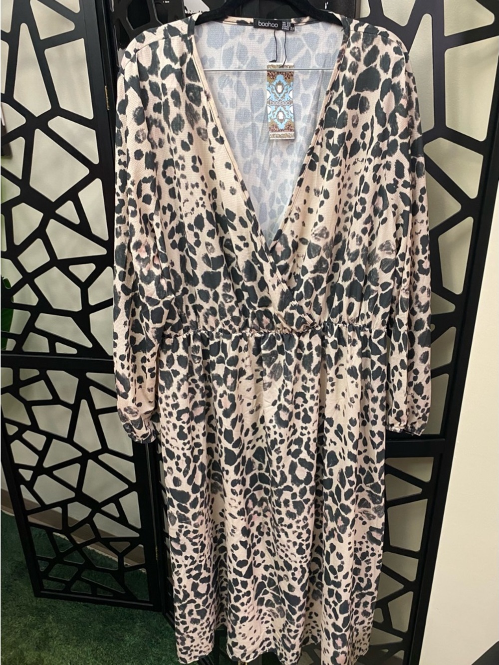 Boohoo Beige and Black Animal Print Wrap Midi Dress